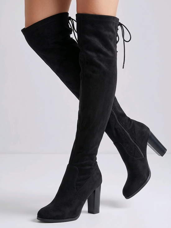 X2B Shoes - 6.5 Over-the-Knee Lace-Up Zipper High Heel Boots - Faux Suede Black